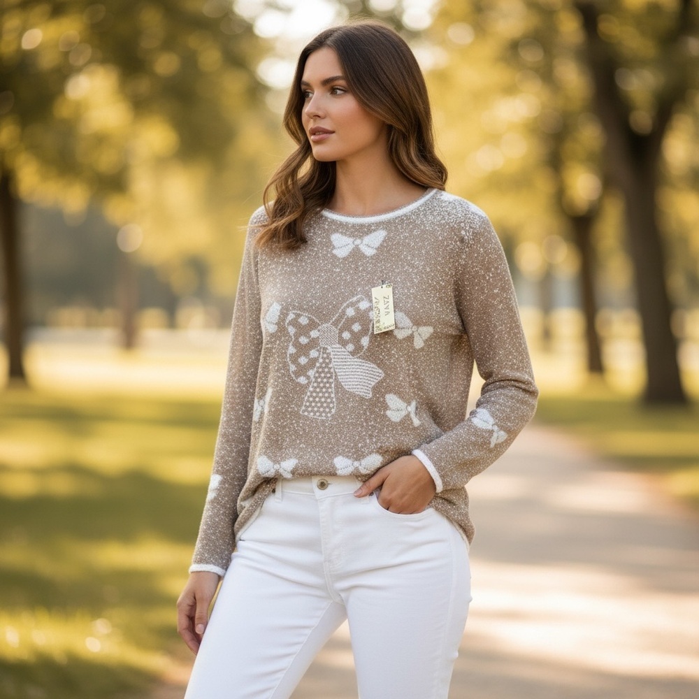 Tan White Bows Knit Sweater